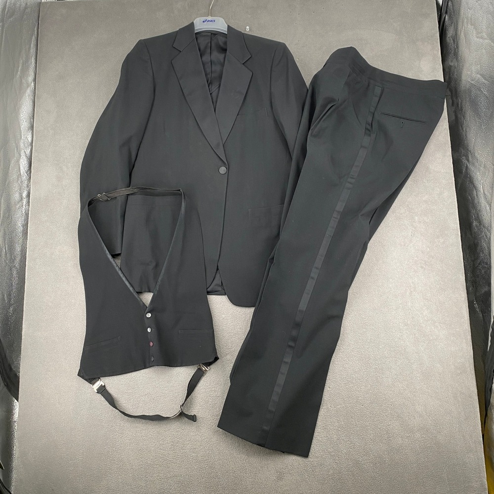 Vintage Kings Row Black 3 Piece Tuxedo Set Jacket 40L Pants 32 Vest Formal Suit